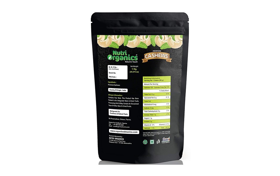 Nutri Organics Premium Cashews    Pack  1 kilogram